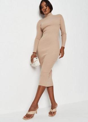 Missguided платье чёрное бежевое в рубчик под горло по фигуре карандаш футляр миди с длинным рукавом новое