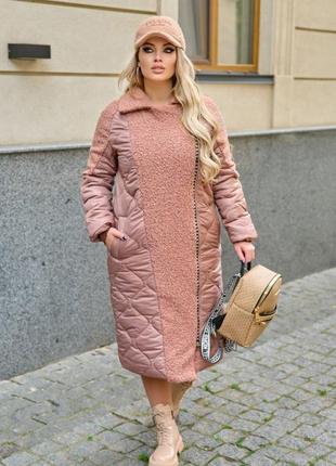 Стильне комбіноване зимове пальто батал