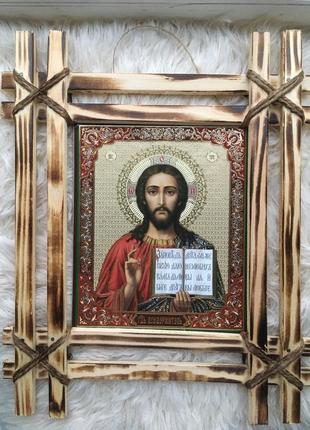 Икона спаситель господь иисус христос в рамке рамочке с рамочкой рамкой деревянной деревянная картина на стену