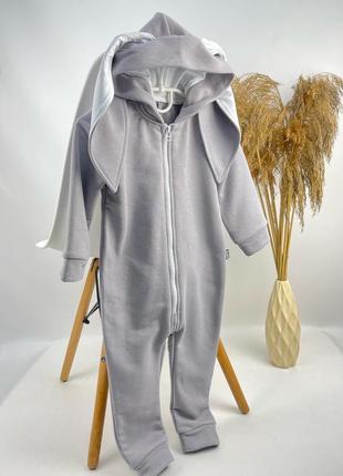 Трикотажний новорічний ромпер зайчик сіренький з вушками білими