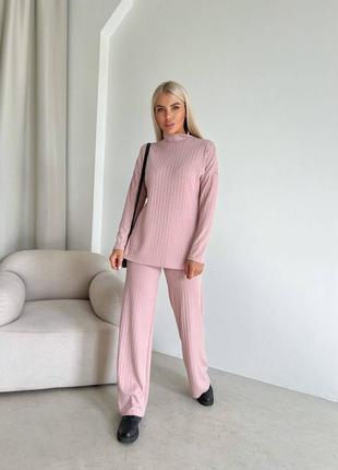 Женский костюм трикотаж в рубчик пудра, синий, черный, кемел