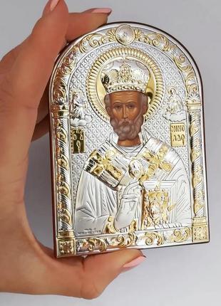 Серебряный образ святого николая на деревяной основе10,5смх7,5см с золотым напылением...