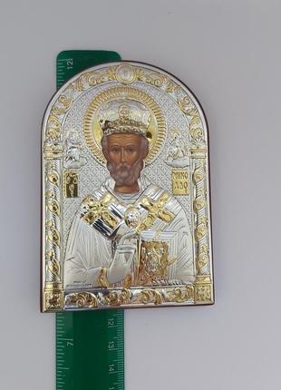 Серебряный образ святого николая на деревяной основе10,5смх7,5см с золотым напылением...