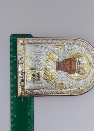 Серебряный образ святого николая на деревяной основе10,5смх7,5см с золотым напылением...