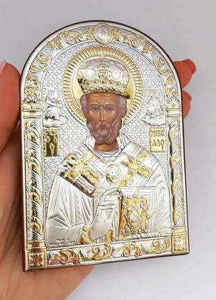 Серебряный образ святого николая на деревяной основе10,5смх7,5см с золотым напылением икона николая чудотворца