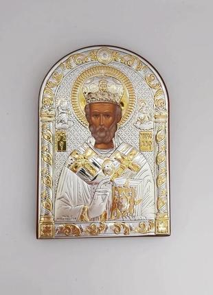 Серебряный образ святого николая на деревяной основе10,5смх7,5см с золотым напылением...