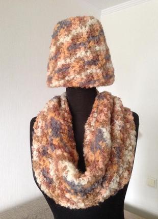 Теплий, красивий вязаний комплект - шапочка і снуд, хомут. вовна, мохер.2 фото