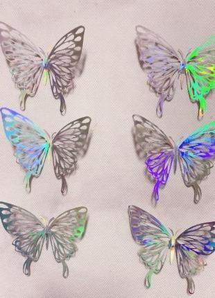 Бабочки декор на стену серебро перламутровое - 6шт. в наборе, фольга1 фото