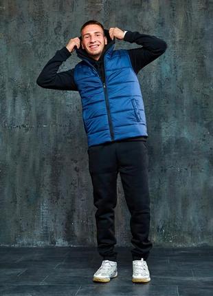 Мужской зимний спортивный костюм, комплект жилетка и спортивный костюм с капюшоном теплый черный5 фото