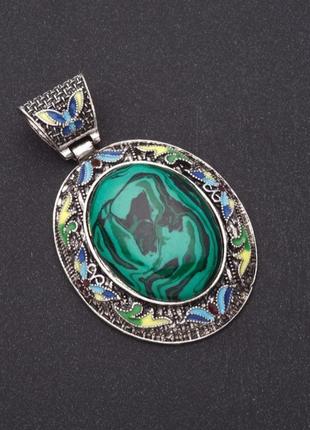 Кулон "під старовину" малахіт (прес.) кольорова емаль l-8см d-5,5х5см сріблястий метал