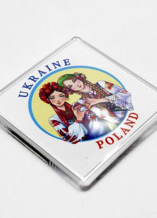 Патріотичний білий / синій магніт дівчата ukraine-poland 6,5 см на 6,5 см, із зображенням дівчата українка та полячка сувенір3 фото