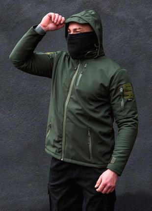 Мужская теплая куртка soft shell олива, тактическая куртка мужская зимняя с капюшоном шевронами хаки4 фото