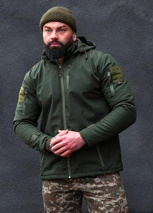 Мужская теплая куртка soft shell олива, тактическая куртка мужская зимняя с капюшоном шевронами хаки5 фото