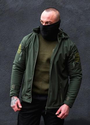 Мужская теплая куртка soft shell олива, тактическая куртка мужская зимняя с капюшоном шевронами хаки6 фото