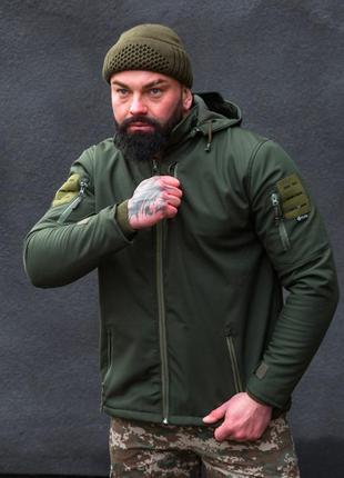 Мужская теплая куртка soft shell олива, тактическая куртка мужская зимняя с капюшоном шевронами хаки8 фото