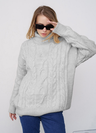 Тёплый шерстяной вязаный свитер оверсайз с аранами косичками 2 цвета2 фото