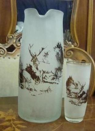 Кувшин стакан охота олень матовое богемское стекло чехословакия №6431 фото
