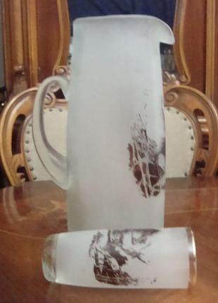 Кувшин стакан охота олень матовое богемское стекло чехословакия №6436 фото