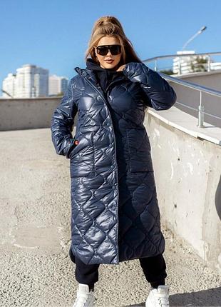 Зима розм 52,54,...64,66. довга стьобана куртка з пришивним капюшоном