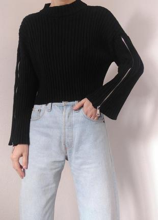 Черный свитер в рубчик с широкими рукавами джемпер zara укороченный свитер пуловер реглан лонгслив свитер теплый шерстяной свитер черный джемпер шерсть4 фото