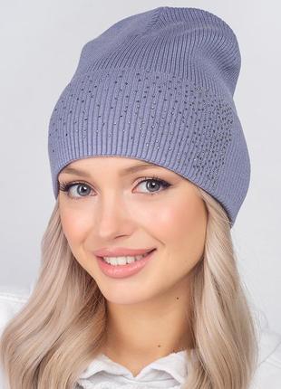 Жіноча сіро-блакитна шапка на осінь1 фото