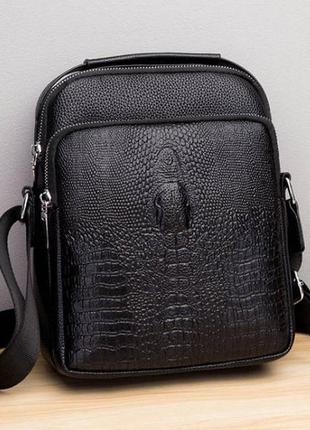 Мужская сумка планшетка крокодил эко кожа черная, качественная сумка-планшетка с крокодилом1 фото
