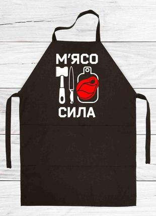 Фартук черный кухонный с принтом "мясо сила. молоток, нож, разделочная доска с мясом"1 фото