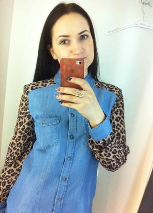 Джинсова блуза з леопардовими шифоновими рукавах