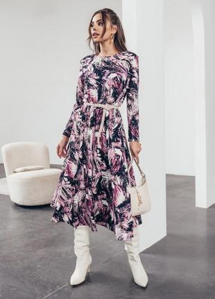 Трикотажне плаття-міді з яскравим принтом чорне-рожеве-біле1 фото