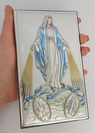 Серебряный образ матери божей непорочного зачатия на деревяной основе 15смх9см икона богоматери