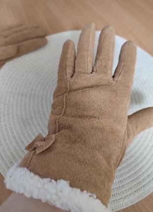 Натуральная замша, перчатки на флисе с меховой опушкой,1 фото