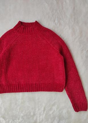 Красный малиновый велюровый короткий свитер кроп вязаная кофта бархатная плюшевая гольф под горло6 фото