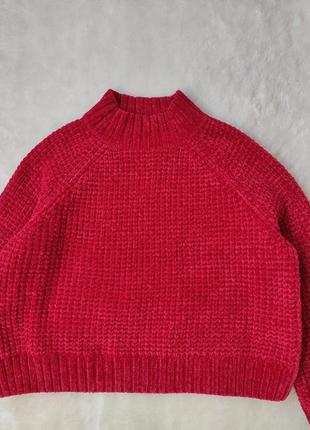 Красный малиновый велюровый короткий свитер кроп вязаная кофта бархатная плюшевая гольф под горло5 фото
