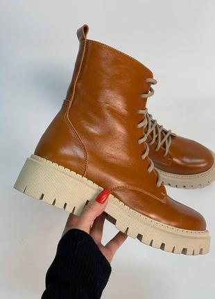 Зимові жіночі шкіряні черевики з хутром натуральна шкіра зимні ботинки коричневі терракотові зима чобітки сапожки