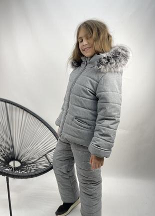 Зимовий костюм до -30 морозу на флісі сірий з хутром песця