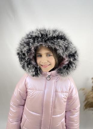 Зимовий костюм для дівчаток з хутром песця до -30 морозу рожева курточка та чорні штани2 фото