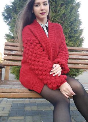 Женский вязаный объёмный кардиган кофта свитер малинки,шишечки,шишки3 фото