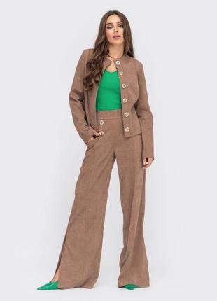Вельветовий стильний жіночий костюм, що складається з жакету та штанів світло-коричневий капучино2 фото