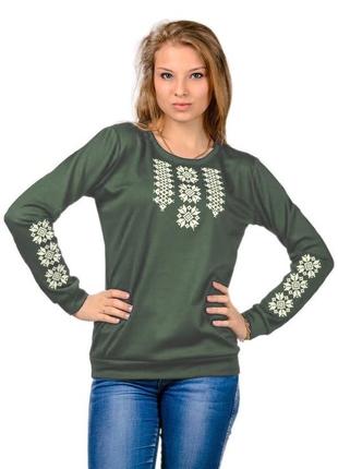 Женский свитшот вышиванка, вышитая блузка, ткань - французский трикотаж, цвет-зеленый хаки. размеры:  м-3xl