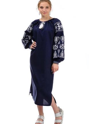 Женская длинная рубаха вышиванка с поясом ,пышное льняное платье в украинском стиле темно-синяя4 фото