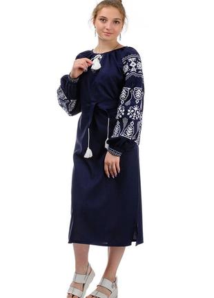 Женская длинная рубаха вышиванка с поясом ,пышное льняное платье в украинском стиле темно-синяя3 фото