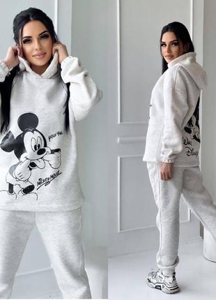 Утеплений спортивний костюм на флісі, худі + штани, принт