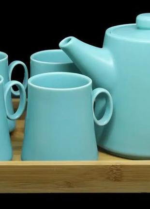 Набір чайник з кружками і тацею "монако"  блакитний