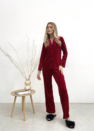 Christel 091 домашній костюм сорочка на гудзиках і штани піжама бордовий