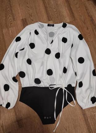 Блуза боди в горох с v-образным вырезом комбидресс с обьемными рукавами zara4 фото