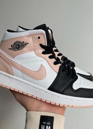 Женские высокие кожаные кроссовки nike air jordan 1 retro high black/white/pink#найк