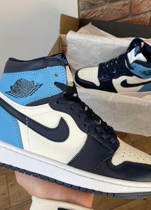 Женские высокие кожаные кроссовки nike air jordan 1 retro blue#найк