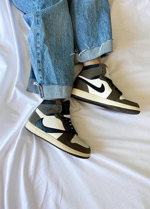 Женские высокие кожаные кроссовки nike air jordan 1 retro high x travis scott #найк