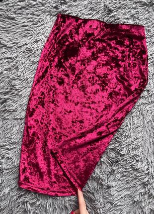 Шикарная бархатная женская юбка миди цвета марсала