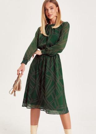 Повітряне плаття з принтованого шифону з еластичною деталлю в поясі зелене